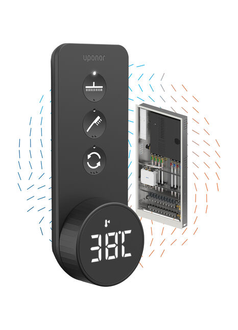 Das I-Shower-Konzept definiert das Duscherlebnis neu, indem es die Mischeinheit zu einem elektronischen Mischer innerhalb der Uponor-Combi-Port-Schrankstation umgestaltet, die die optimale Temperatur und den Durchfluss regelt.